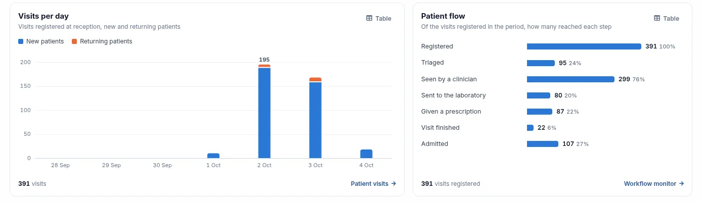Visits per day chart for new and returning patients, and a patient flow chart showing how many visits reached each step.